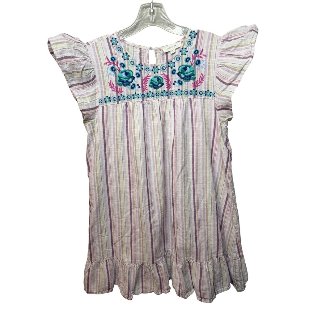 August Sky Womens Purple Striped Floral Boho Embroidered Ruffle Mini Dress L